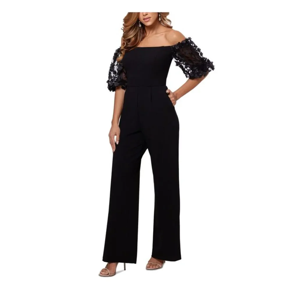 XSCAPE Womens Black Flower Applique Sleeves High Waist Jumpsuit Petites 10P